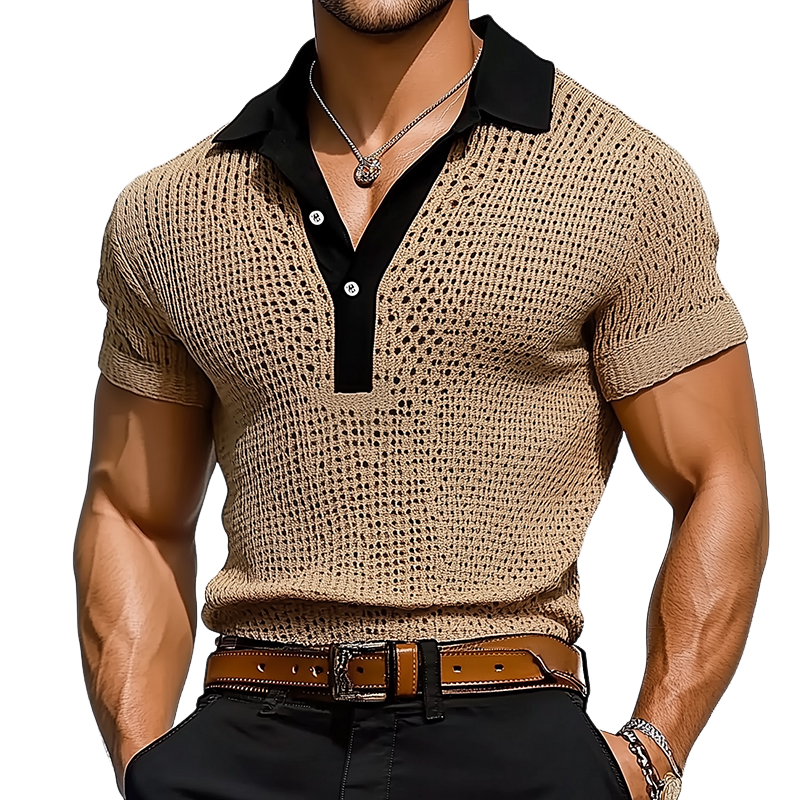 Polo à manches courtes en patchwork de mailles rétro pour homme