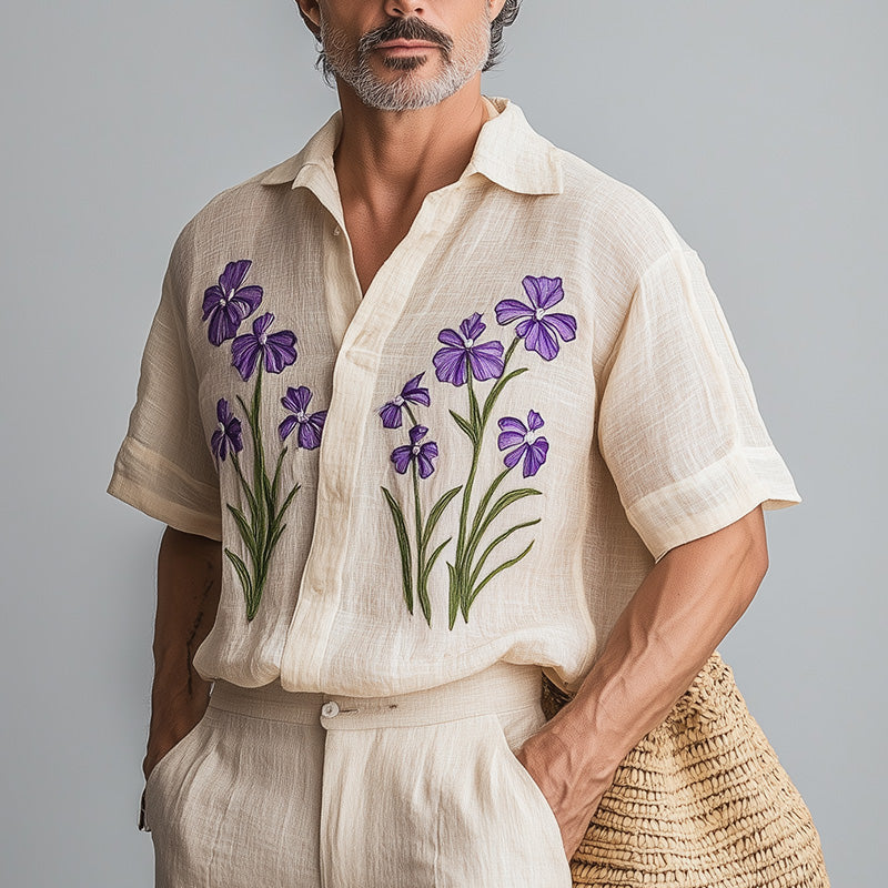 Men's Spring Fashion Retro Embroidered Cotton and Linen Short Sleeve Shirt