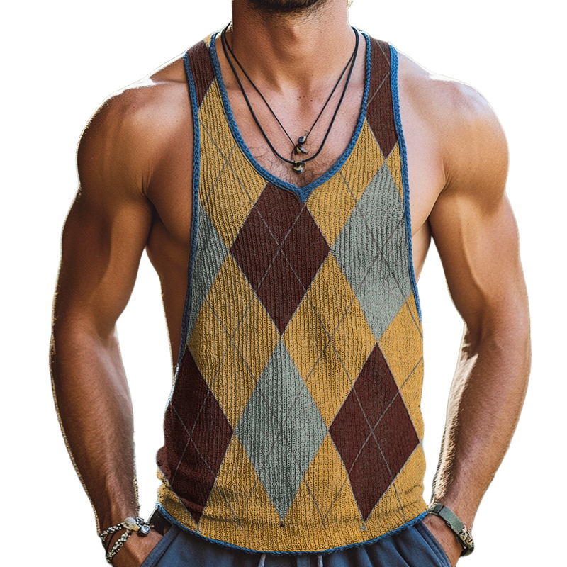 Men's Vintage Diamond Knit Crew Neck Tank Top ASW0829D9TO