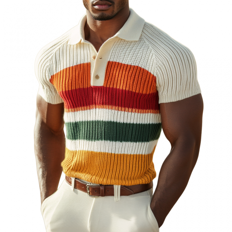 Lässiges, farbig gestreiftes, weiches Strick-Poloshirt mit kurzen Ärmeln für Herren ASW0827D4M