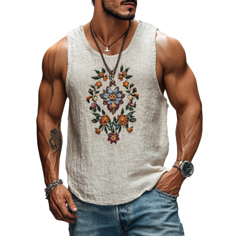 Men's Casual Linen Floral Embroidery Round Neck Loose Tank Top