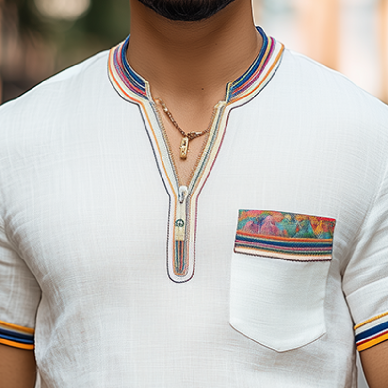 Men's Spring and Summer Fashion Casual V-neck Zipper Colored Ribbon Cotton and Linen Short-sleeved T-shirt