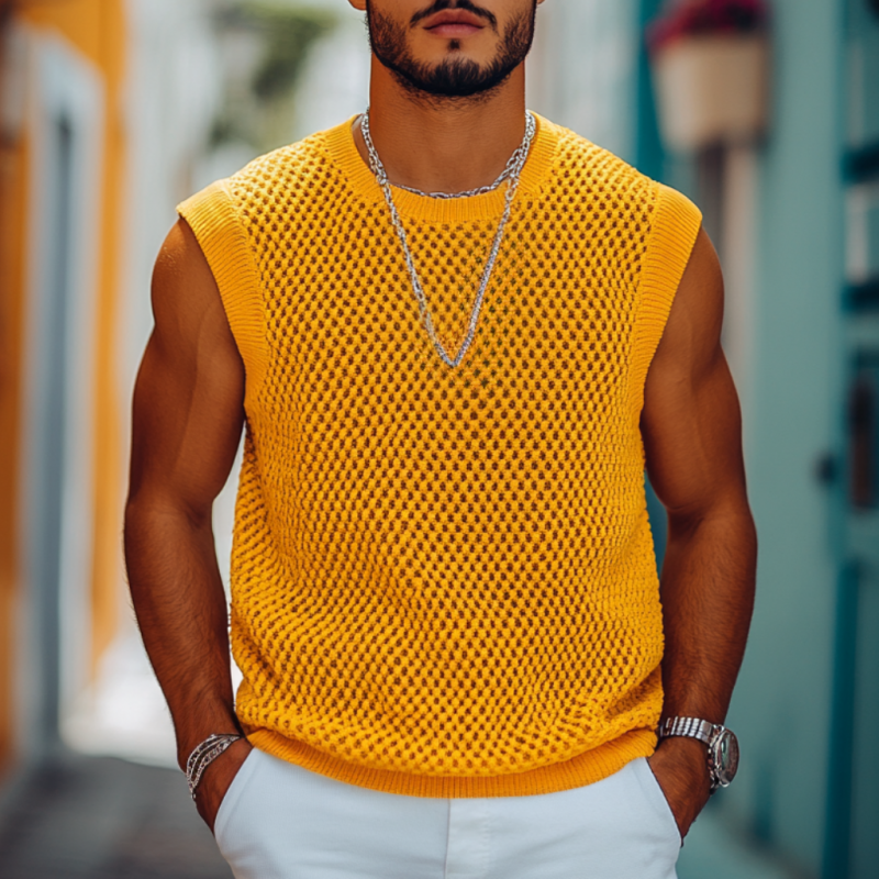 Men's Casual Solid Color Round Neck Loose Breathable Knitted Tank Top ASW0968D8M