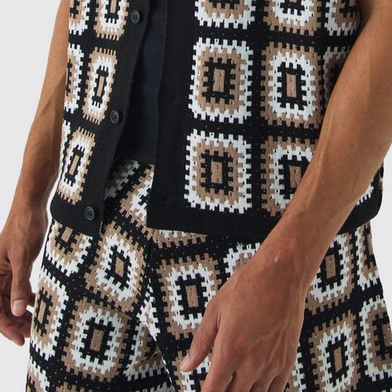 Men's Spring and Summer Fashion Casual Hollow Knitted Short-sleeved T-shirt Shorts Set ASW1038D7K