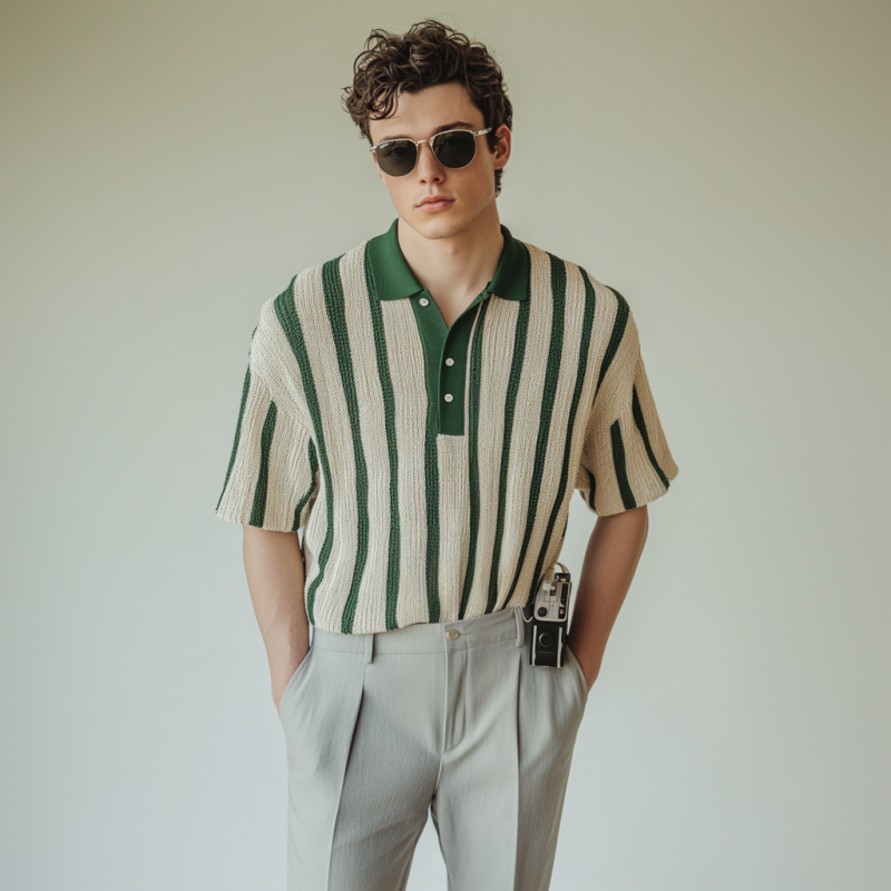 Men's Casual Contrast Stripe Lapel Slim Fit Soft Knitted Short Sleeve Polo Shirt MTA0978D1M