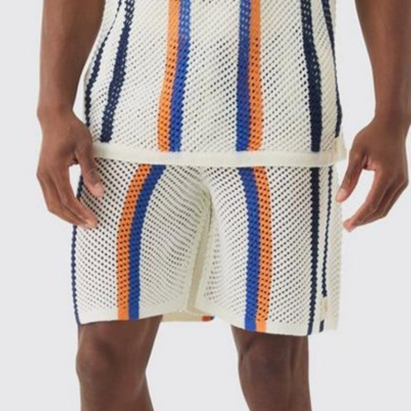 Men's Summer Fashion Casual Hollow Vertical Striped Knitted Tank Top shorts Set ASW1066D3K