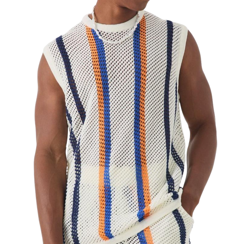 Men's Summer Fashion Casual Hollow Vertical Striped Knitted Tank Top shorts Set ASW1066D3K