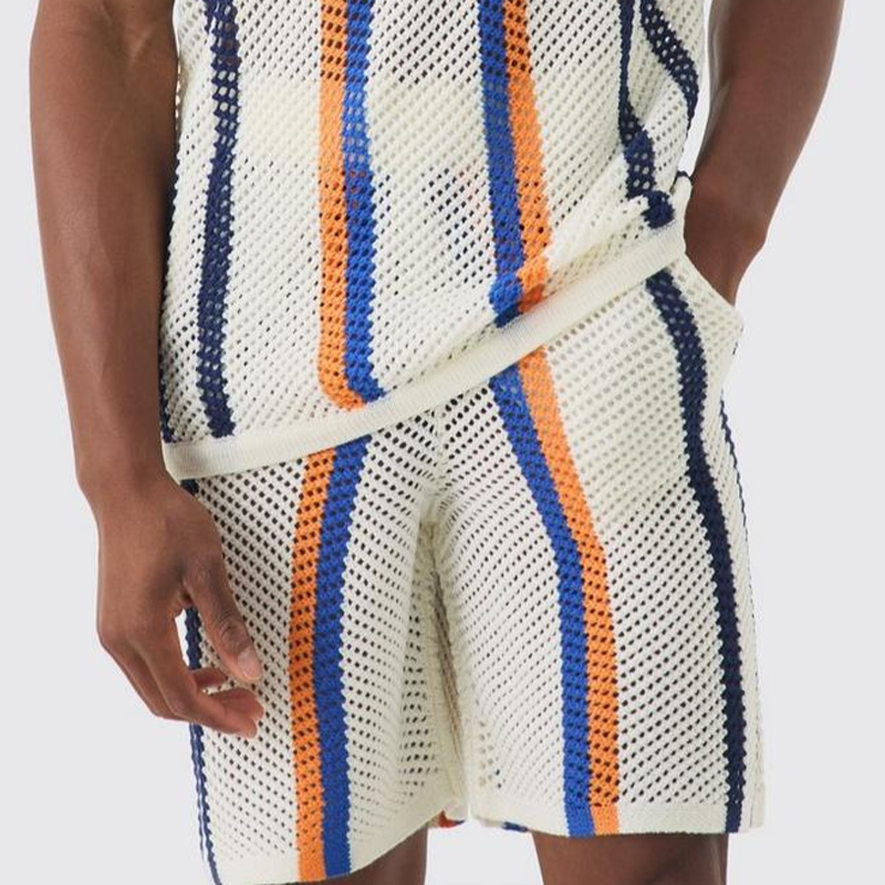 Men's Summer Fashion Casual Hollow Vertical Striped Knitted Tank Top shorts Set ASW1066D3K