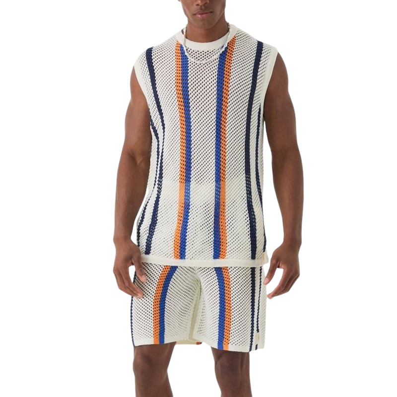 Men's Summer Fashion Casual Hollow Vertical Striped Knitted Tank Top shorts Set ASW1066D3K