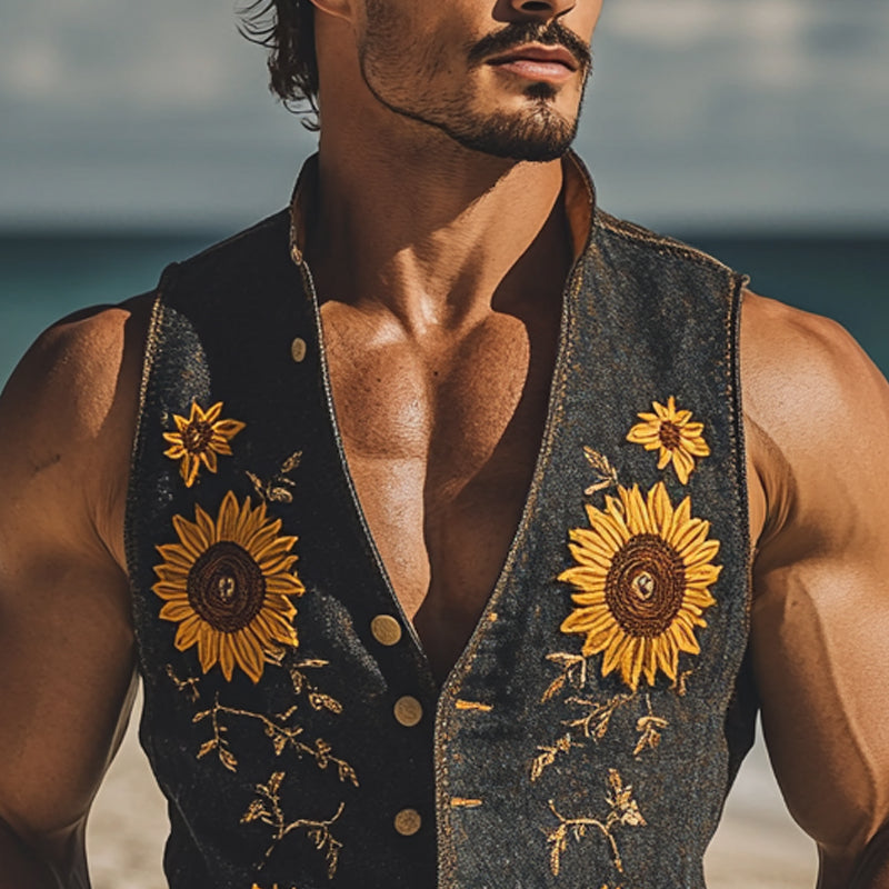 Men's Casual Denim Sunflower Floral Embroidered Vest