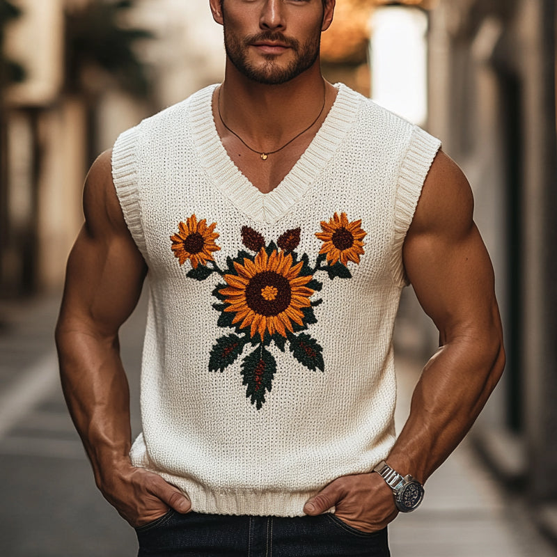 Men's Casual Knitted Sunflower Jacquard V-Neck Tank Top ASW1107D2X