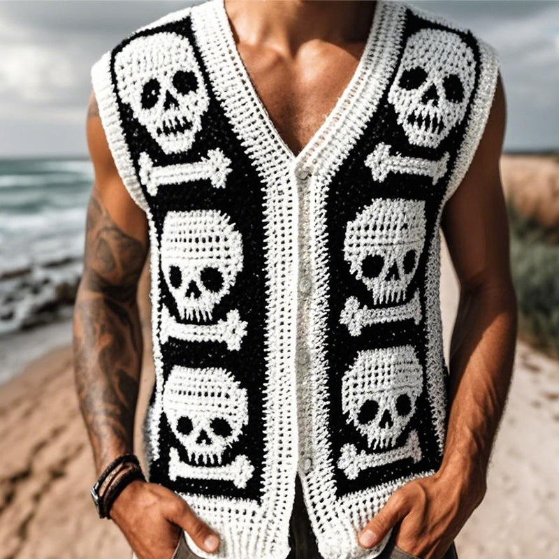 Herren Vintage Casual Skull Strick Einreihige Weste ASW1177D2TO