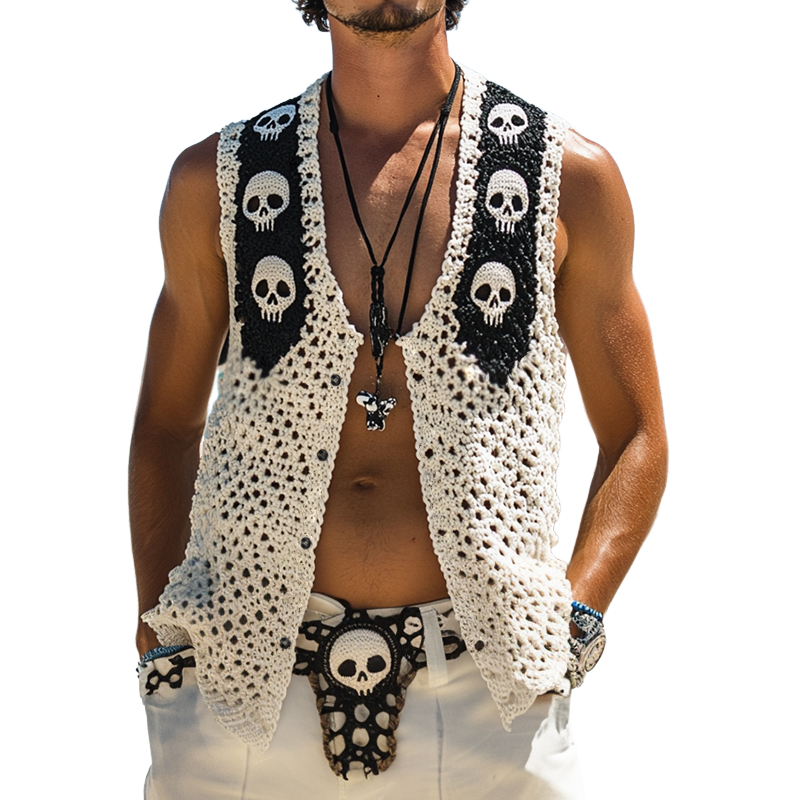 Herren Vintage Casual Totenkopf Strick Einreihige Weste ASW1140D0TO