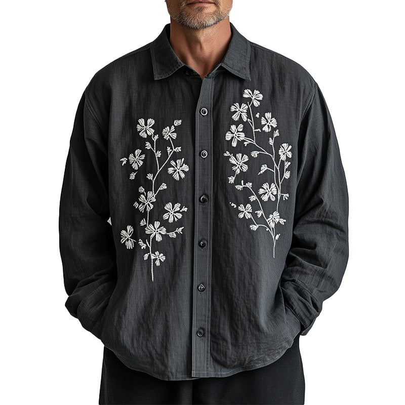 Men's Spring Fashion Embroidered Long Sleeve Casual Shirt