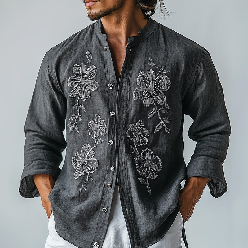 Men's Spring Fashion Embroidery Long Sleeve Lightweight Breathable Casual Shirt