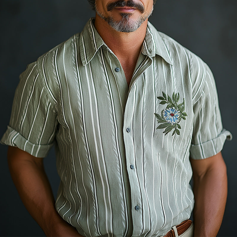 Men's Spring Retro Embroidered Striped Casual Short Sleeve Shirt