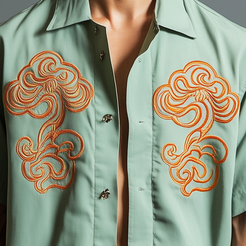 Men's Spring Fashion Contrast Embroidery Short Sleeve Casual Shirt