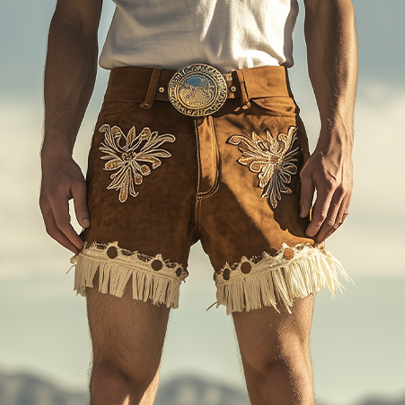 Short homme style rétro western en daim brodé à pompons (sans ceinture)