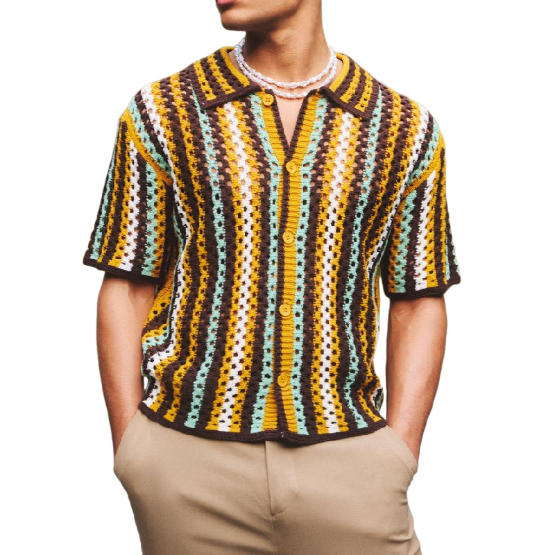 Men's Casual Contrast Color Striped Jacquard Lapel Short Sleeve Knitted Cardigan ASW0964D6M