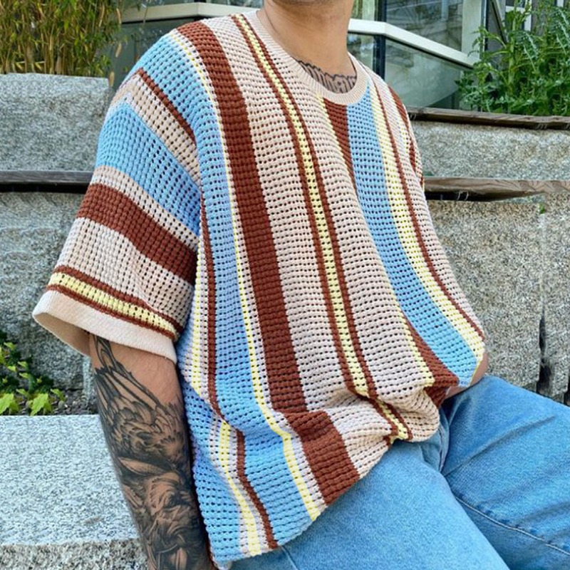 Men's Casual Contrast Color Striped Knit Loose Collar Short Sleeve Sweater T-Shirt ASW1066D4M