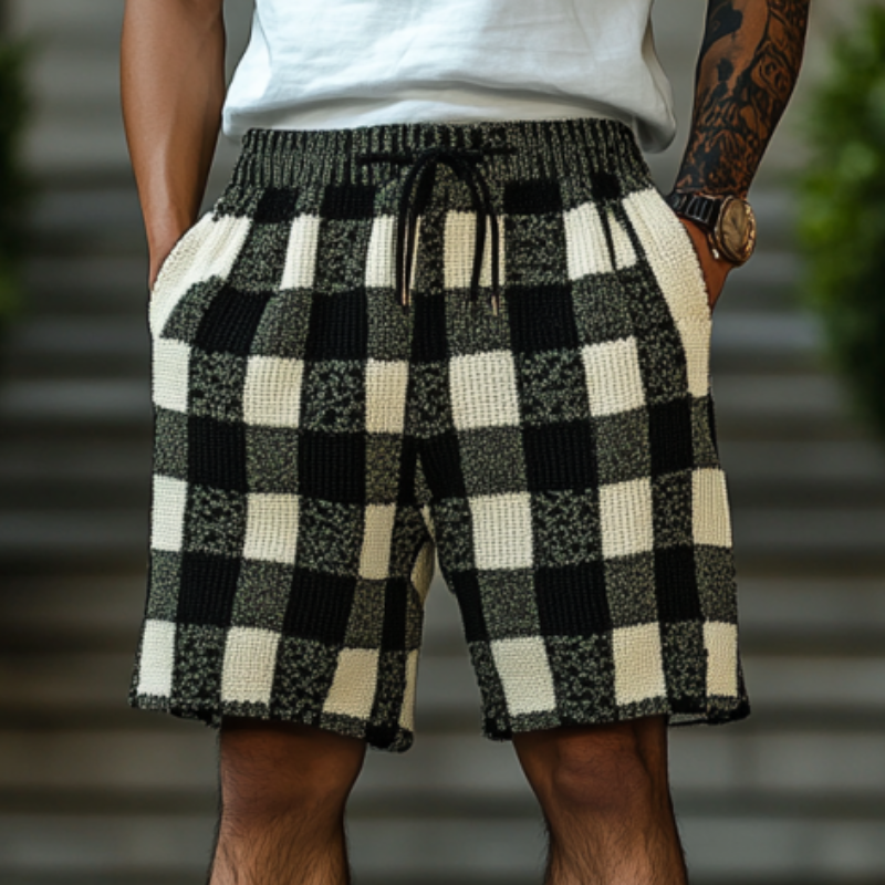 Men's Casual Contrast Checkerboard Jacquard Knit Elastic Waist Shorts ASW1205D6M