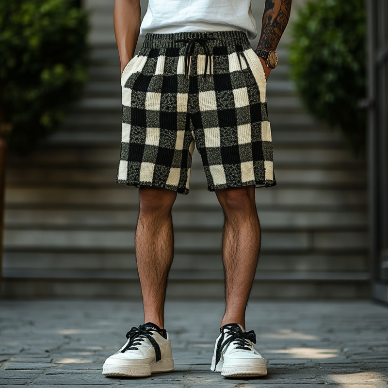 Men's Casual Contrast Checkerboard Jacquard Knit Elastic Waist Shorts ASW1205D6M