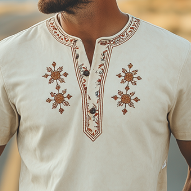 Men's Spring Summer Fashion Retro Western Style Beard Suede Henry Collar T-Shirt