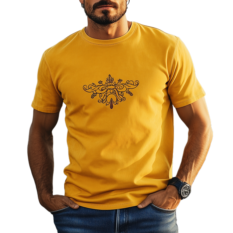 Men's Spring and Summer Fashion Classic Round Neck Suede Embroidered Short Sleeve T-Shirt