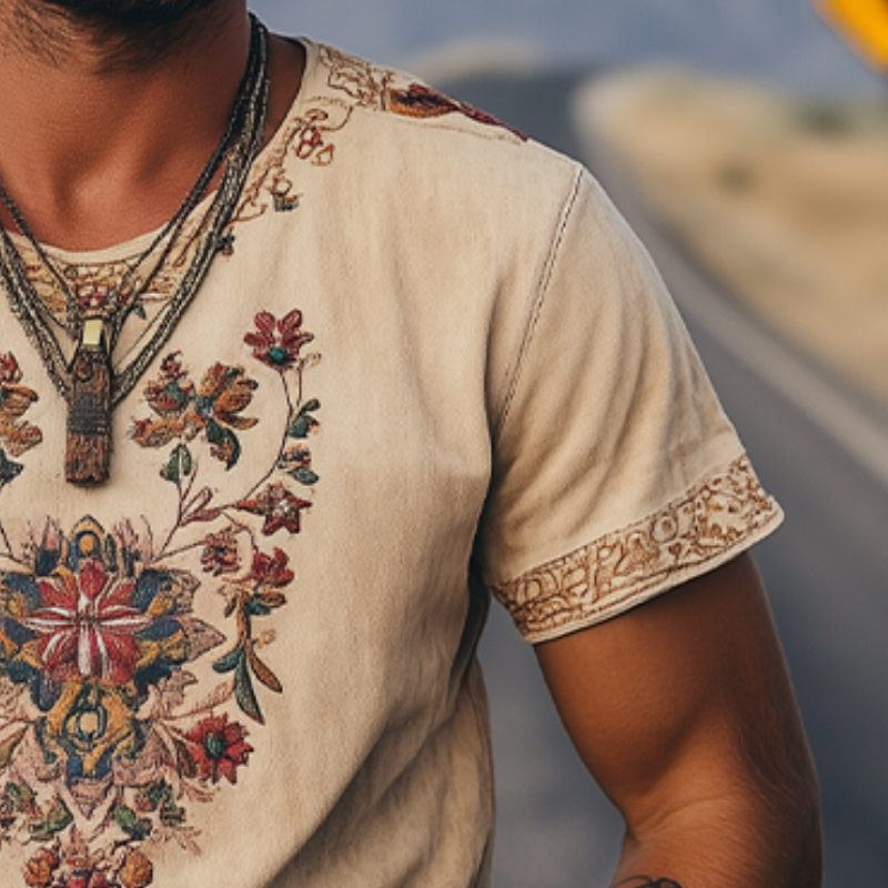 Men's Spring and Summer Classic Retro Western Style Suede Embroidered Short Sleeve T-Shirt