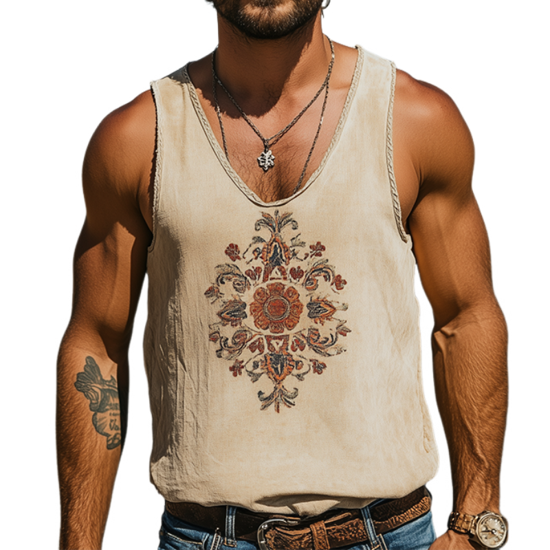 Débardeur brodé en ramie style western rétro classique printemps/été pour homme