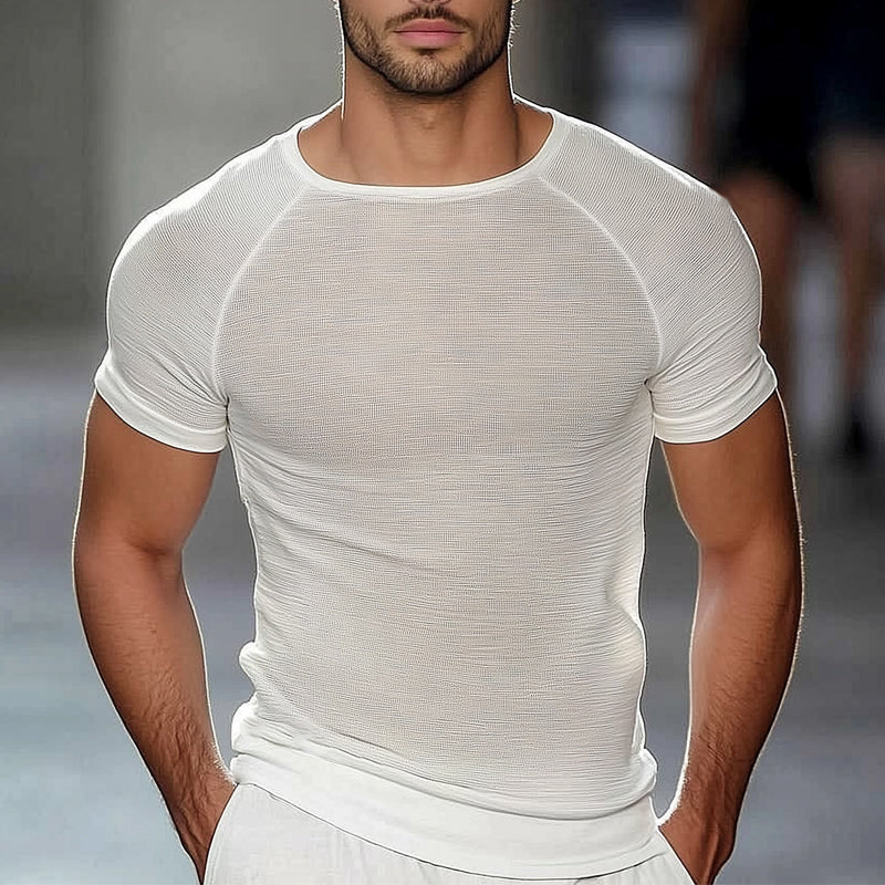 Men's Summer Basic Knitted Solid Color Short Sleeve T-Shirt ASW1297D0U