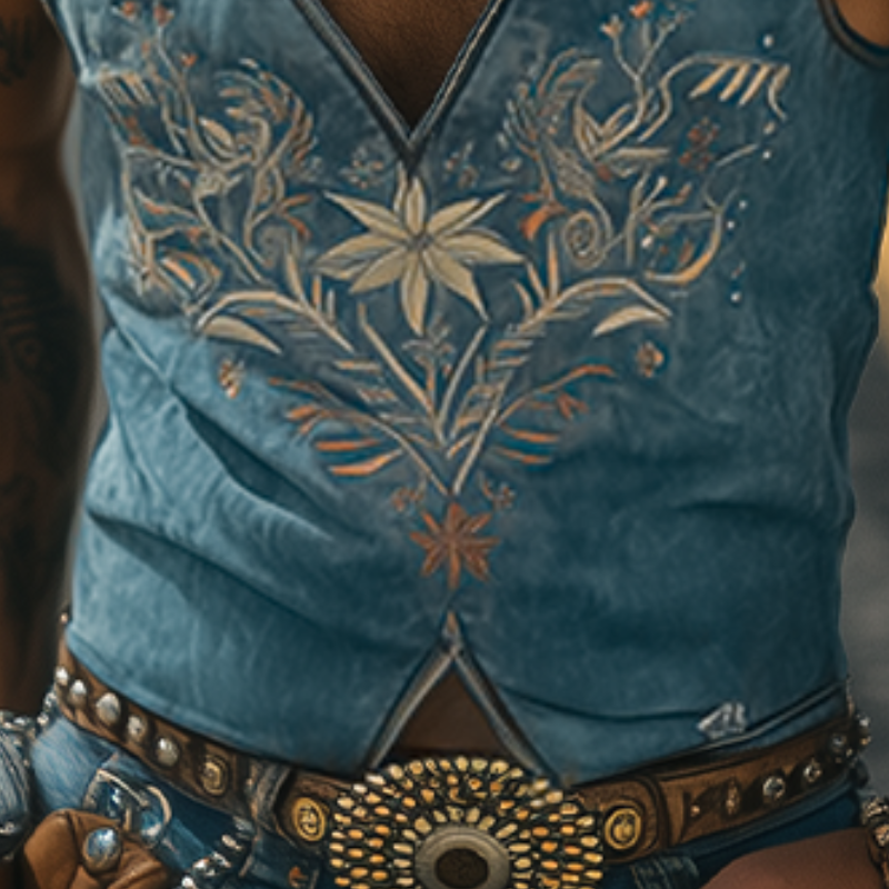 Men's Spring/Summer Classic Retro Western Style Suede Deep V Neck Embroidered Tank Top