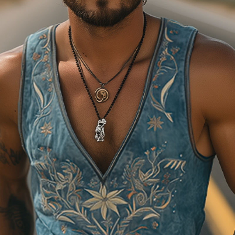 Men's Spring/Summer Classic Retro Western Style Suede Deep V Neck Embroidered Tank Top