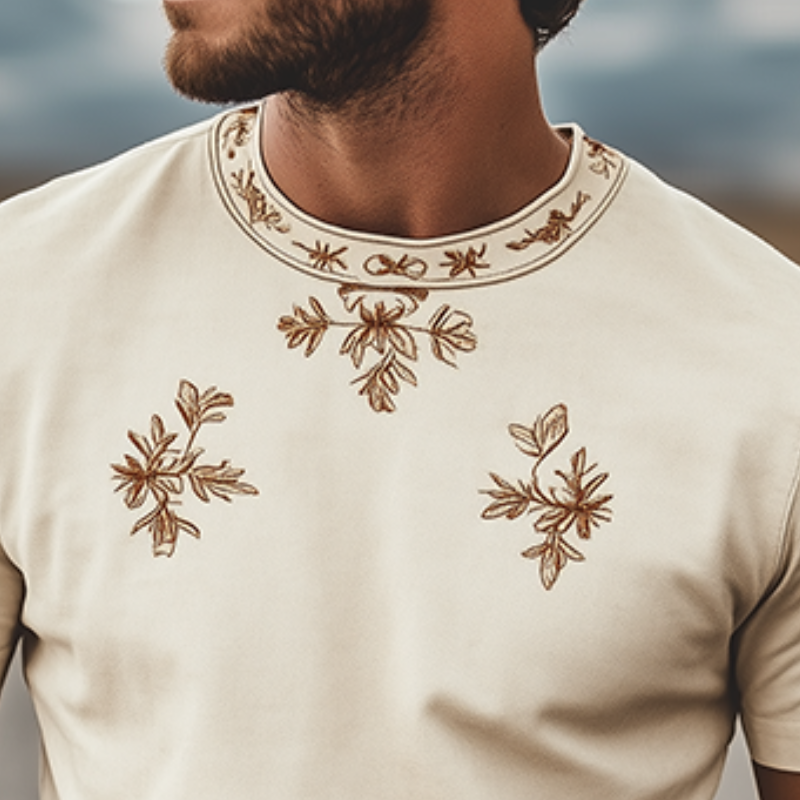 Men's Spring Fashion Classic Retro Western Style Round Neck Suede Embroidered Short Sleeve T-Shirt