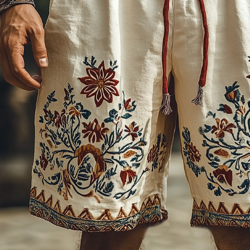 Men's Summer Retro Embroidery Loose Cotton and Linen Shorts