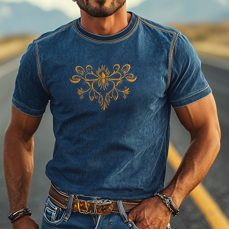 Men's Summer Fashion Casual Western Style Suede Embroidery Slim Fit Short Sleeve T-shirt