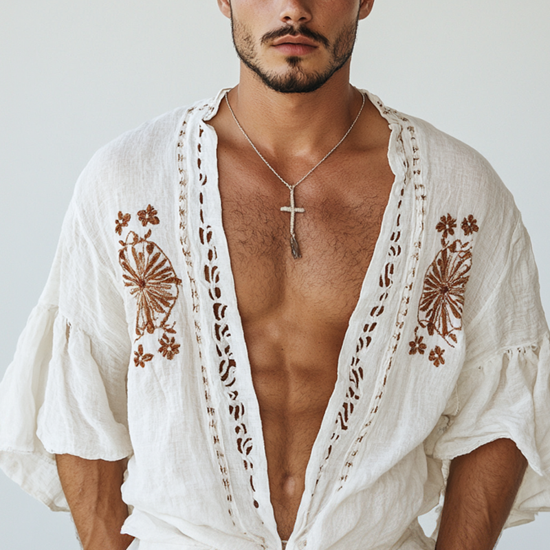 Men's Ethnic Style Embroidered Half Sleeve Cotton And Linen Cardigan Shirt