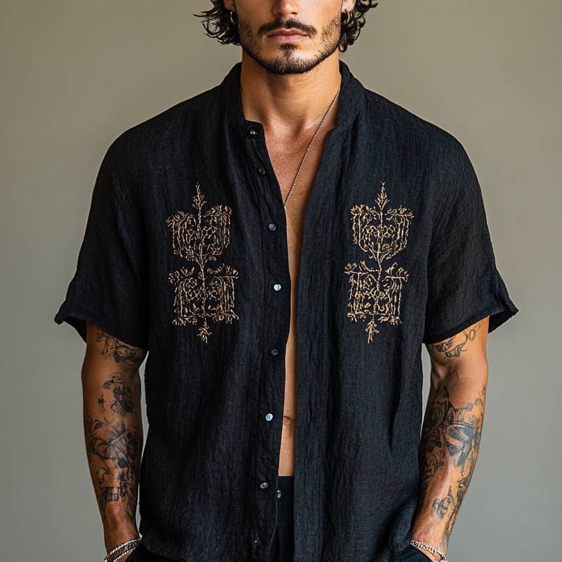 Men's Ethnic Style Embroidered Round Neck Short Sleeve Cotton And Linen Shirt