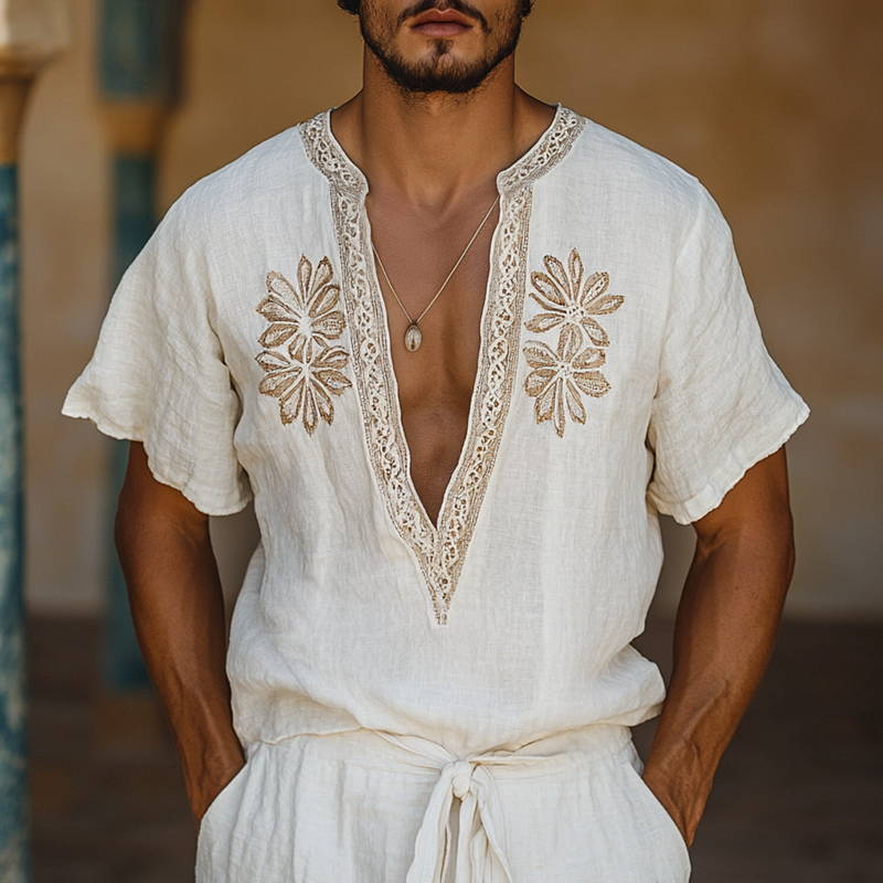 Men's Ethnic Style Embroidered V Neck Short Sleeve Cotton And Linen Shirt