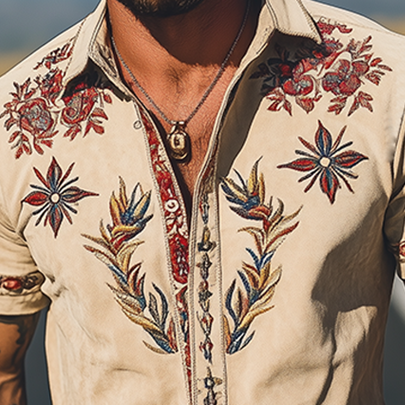 Men's Spring/Summer Fashion Retro Western Style Suede Embroidered Short Sleeve Shirt