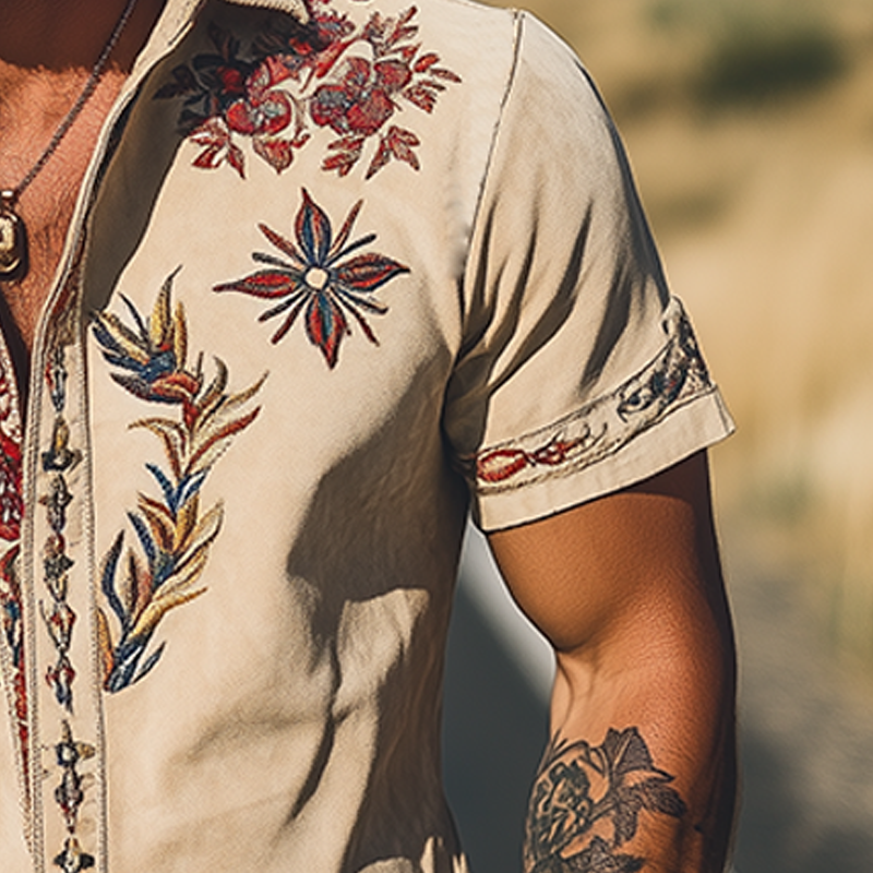 Men's Spring/Summer Fashion Retro Western Style Suede Embroidered Short Sleeve Shirt