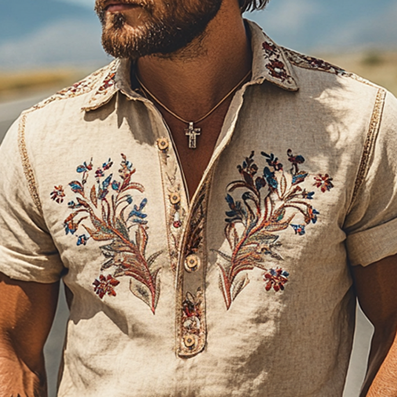 Men's Spring/Summer Fashion Western Style Ramie Embroidery Short Sleeve Shirt