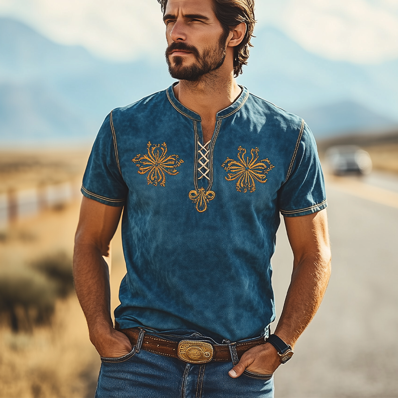 Men's Summer Fashion Retro Western Style Suede Embroidery Slim Fit Short Sleeve T-Shirt