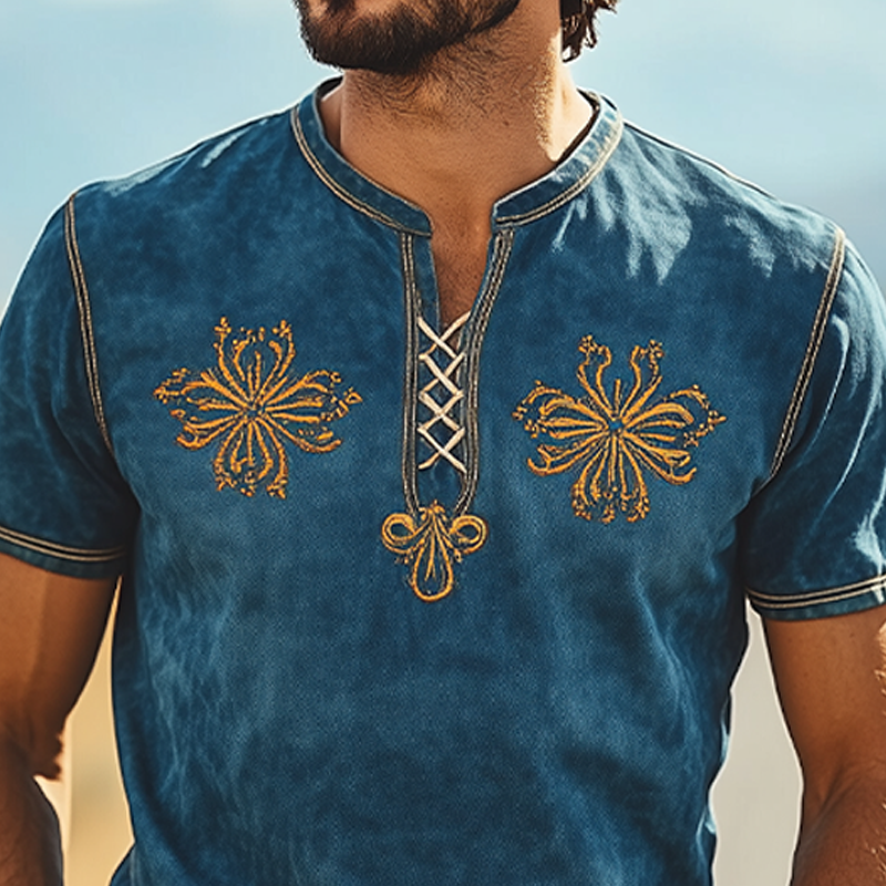 Men's Summer Fashion Retro Western Style Suede Embroidery Slim Fit Short Sleeve T-Shirt