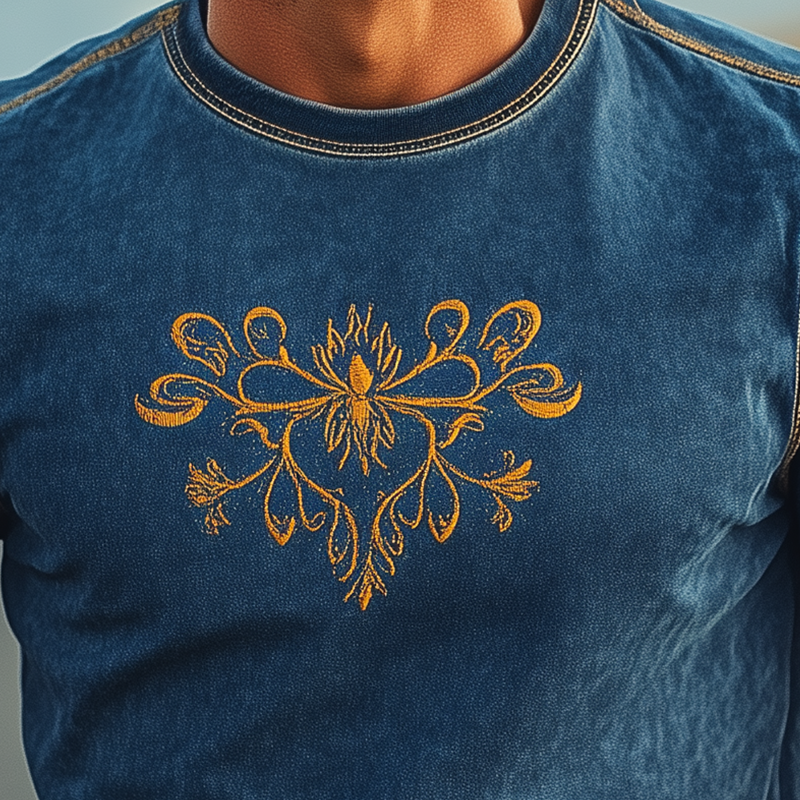Men's Summer Fashion Casual Western Style Suede Embroidery Slim Fit Short Sleeve T-shirt