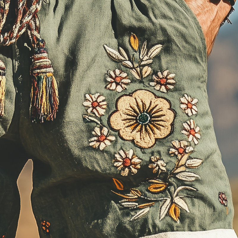 Men's Summer Fashion Casual Western Style Ramie Splicing Embroidery Shorts