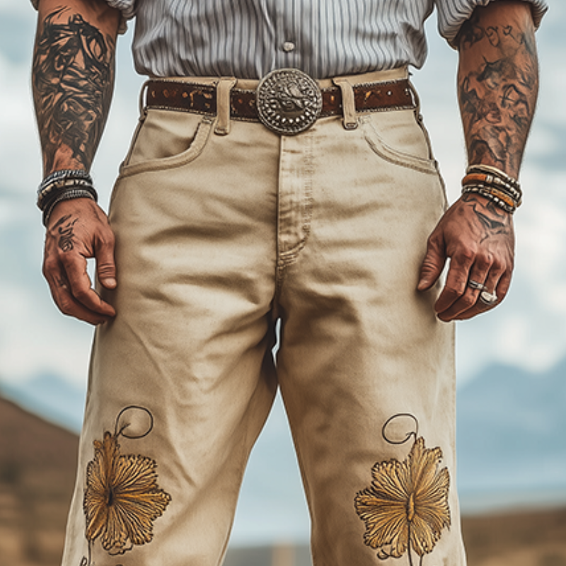 Men's Spring and Summer Fashion Personality Retro Western Style Twill Cotton Embroidery Casual Pants (Without Belt)