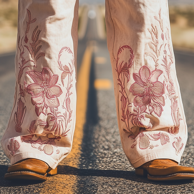 Men's Spring and Summer Fashion Personality Retro Western Style Twill Cotton Casual Embroidery Pants (Without Belt)