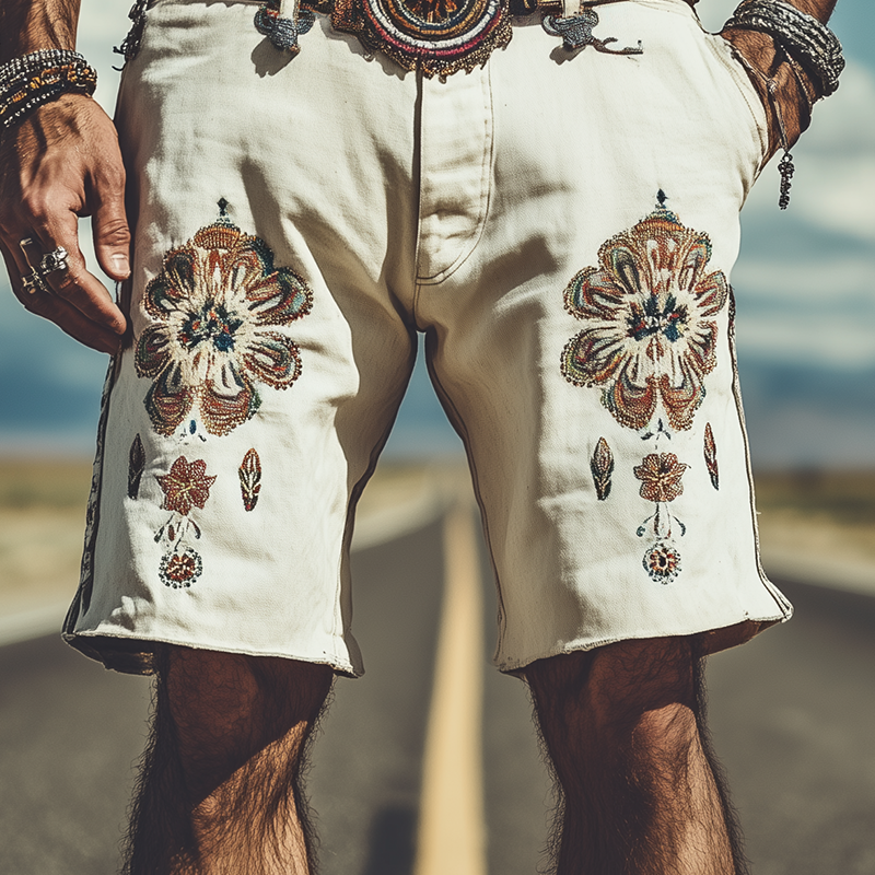 Men's Spring and Summer Fashion Retro Personality Twill Cotton Embroidered Shorts (Without Belt)