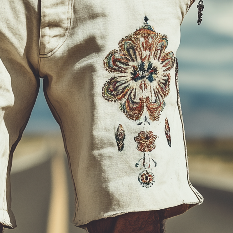 Men's Spring and Summer Fashion Retro Personality Twill Cotton Embroidered Shorts (Without Belt)